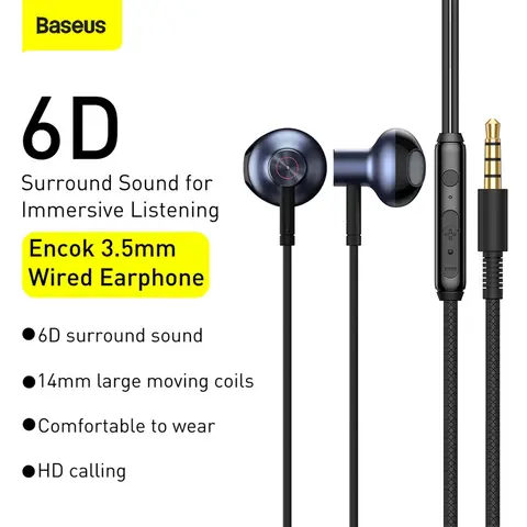 Baseus H19 Encok 3.5mm Wired Earphone - Black