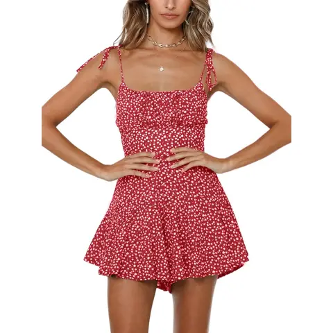 Women's Summer Dress Floral Sleeveless Beach Dress Vintage Mini Dress Coverall Playsuit (WatermelonRed, L)