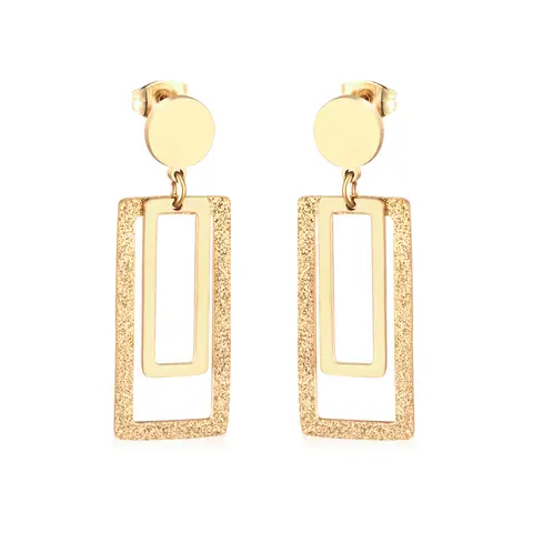 Gold Tone Frosted Matte Geometric Drop Earrings, Rectangular Double Layer Statement Studs