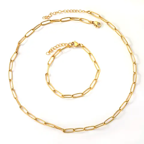 Paperclip Link Chain Bracelet & Choker Set, 18K Gold PVD Stainless Steel Oval Link Jewelry, Unisex Minimalist Style
