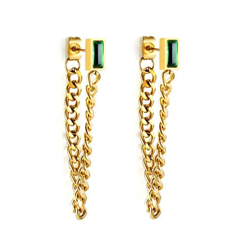 18K Gold Plated Long Chain Drop Earrings with Emerald Green CZ, Rectangular Crystal Tassel