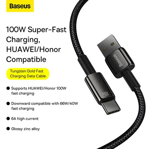 Baseus Tungsten Gold 100W USB to USB-C Charging Cable – 1M - Black