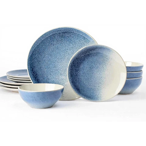 Richmount Gletscher Serie Geschirrset - 12-teiliges Keramikset für 4 Personen - Enthält Essteller/Salatteller/Müslischalen - Spülmaschinen- und Mikrowellengeeignet - Himmelblau