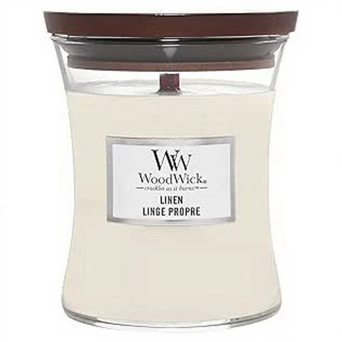 Woodwick Duftkerze Linen Medium Sanduhrform