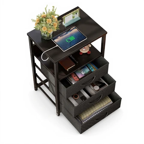 Seventable Three fabric drawer side table with power and light - matte black Black