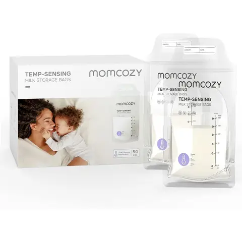 Momcozy Temp-Sensing Discoloration Breastmilk Storage Bags - 50PCS, 6oz Self-Standing, No-Leak Disposable Freezer Pouches for Breastfeeding