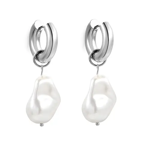 Silver Tone Stainless Steel Hoop Earrings with Baroque Pearl Dangle, 20.4mm Oval Huggies