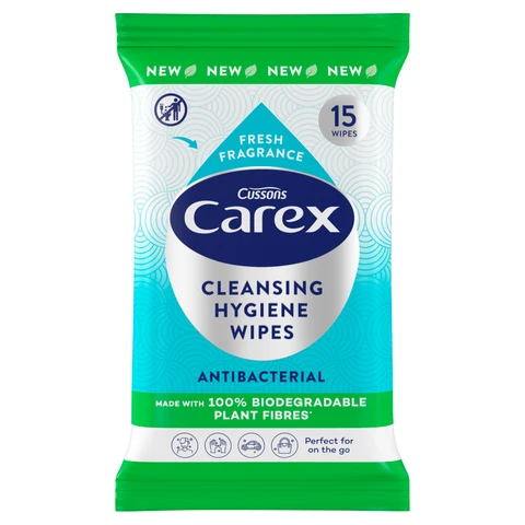 Carex Cleansing Hygiene Wipes Antibacterial Biodegradable Fibre 15Wipes