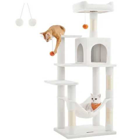Feandrea Multi-Level Plush Cat Condo, 55x45x143cm, Cream White