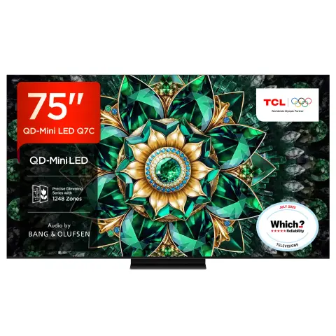 TCL 75Q7C-UK 75” QD-Mini LED TV, 4K UHD, Smart Google TV with 144Hz Motion Clarity Pro, Dolby Atmos​, Audio by Bang & Olufsen, Game Master