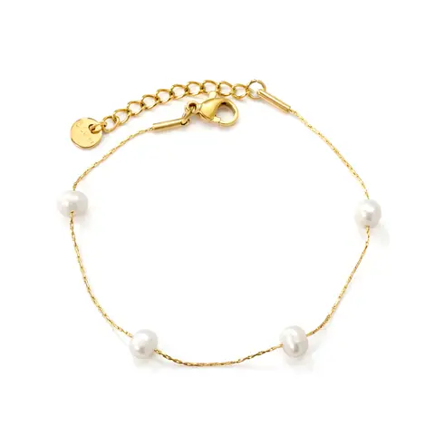 18K Gold PVD Plated Stainless Steel Freshwater Pearl Bracelet, 4Pcs 5.8*4.6mm Genuine Pearls, Adjustable 17+3cm