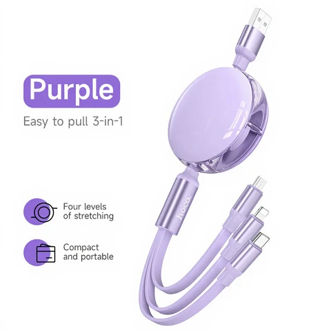 HOCO 3-in-1 Retractable Charging Cable - USB-A to Lightning/ USB-C/ Micro-USB - 1M - Purple
