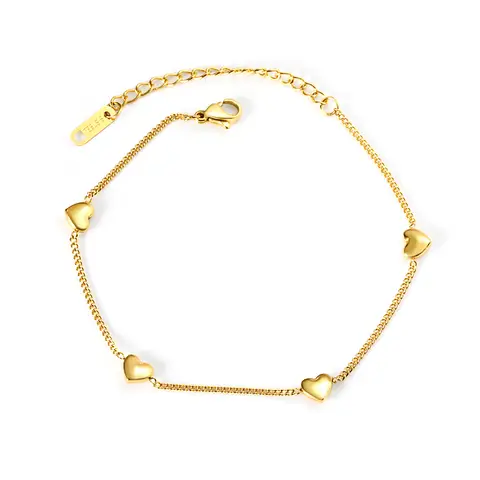 18K Gold Plated Heart Charm Bracelet, 4 Heart-Shaped Dainty Pendants, Stainless Steel Minimalist Jewelry (18+5cm)