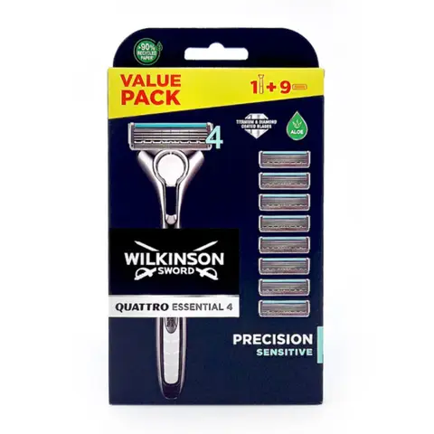 Wilkinson Sword Quattro Essential 4 Precision Sensitive Men's Razor with 8 Blades