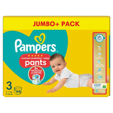 Pampers Premium Protection Nappy Pants Size 3 64 Pack Jumbo+ Pack