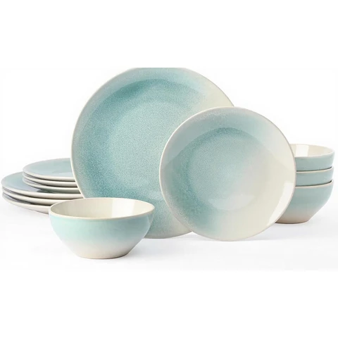 Richmount Glacier-Serie Geschirrset – 12-teiliges Keramikset für 4 Personen – inkl. Speiseteller, Salatteller, Müslischalen – spülmaschinen- und mikrowellengeeignet – Aqua-Blau