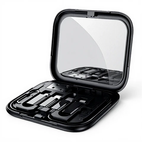 HOCO 6-in-1 Multifunctional Cable Storage Box with 60W Fast Charging, Phone Stand & Built-In Mirror – Black