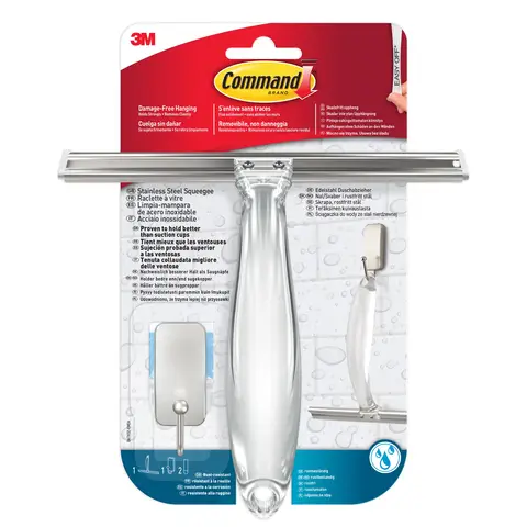 3M Command Stainless Steel Shower Squeegee and Satin Nickel Hook with 2 Water-Resistant Strips