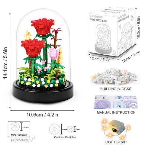 HOGOKIDS Blumenstrauß Bausatz mit LED-Beleuchtung - 596 Teile Rosen Sets mit Abdeckung Botanische Bausteine | Geburtstags Mini Bausteine Valentinstagsgeschenk für Erwachsene Freundin Ehefrau (Rote Rosen)