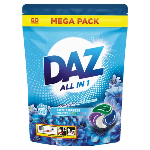 Daz All in 1 PODS, Washing Liquid Laundry Detergent, Whites & Colours, Lotus Breeze, 60 Washes