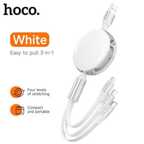 HOCO 3-in-1 Retractable Charging Cable - USB-A to Lightning/ USB-C/ Micro-USB - 1M - White