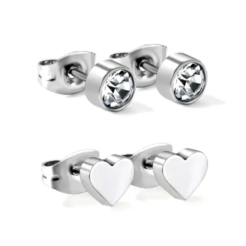 Double Set Diamonte and Loveheart Stainless Steel Stud Earrings