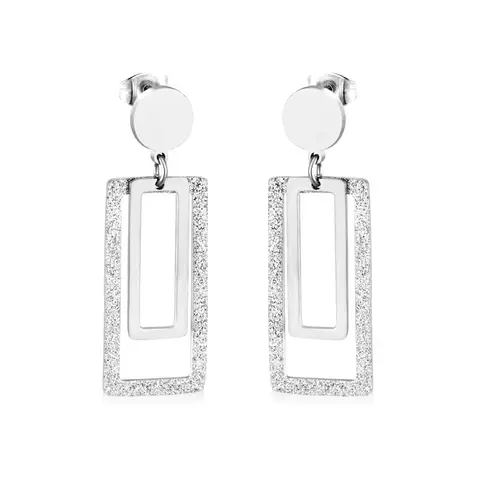 Silver Tone Matte Geometric Rectangular Earrings, Frosted Texture Double Frame Drop Studs