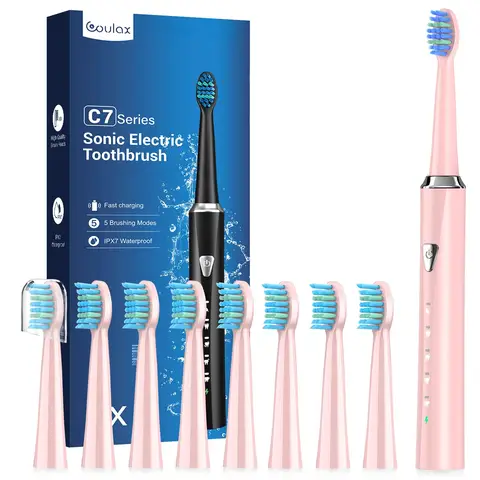 Coulax Hollow-Cup Sonic Electric Toothbrush - 40,000 VPM, 5 Modes, 120-Day Battery, 8 DuPont Brush Heads - Pink