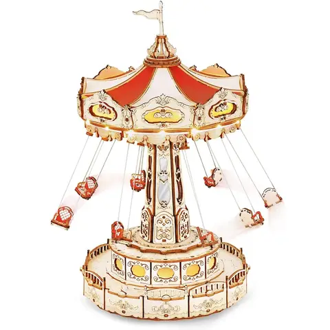 Robotime ROKR Swing Ride 3D Wooden Puzzle Building Toys 21.9x21.9x27.9Cm 1Pc,Home decoration, bookshelf decoration,Craft Gifts for Adults and Teens,Educational toys