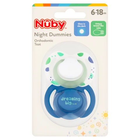 Nuby Night Dummies Orthodontic Teat 6-18 Months 2 Pack White/Blue