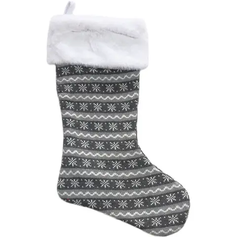 Dark Grey Knitted Christmas Wool Stocking with Snowflake Pattern