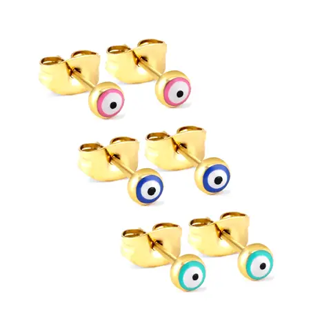 3-Pair Set Evil Eye Stud Earrings for Women, 18k PVD Gold Plated Stainless Steel Protective Talisman Jewelry