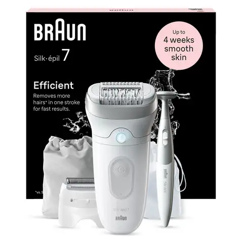 Braun Silk-épil 7 SE7-241, Wet & Dry Cordless Epilator For Easy Hair Removal, Lasting Smooth Skin, White/Silver