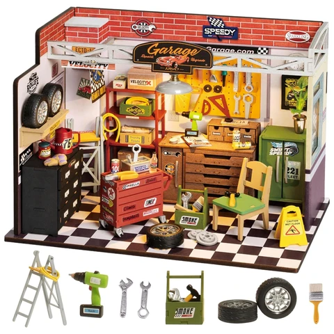 Robotime Rolife Garage Workshop DIY Dollhouse Kit 24x14.9x17.1cm 1PC,Home decoration, bookshelf decoration,Craft Gifts for Adults and Teens,Educational toys