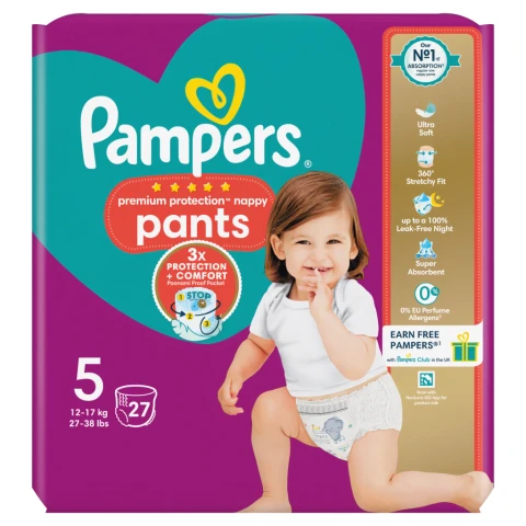 Pampers Premium Protection Nappy Pants Size 5, 27 Pack, 12kg-17kg, Essential Pack