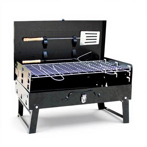Barbecue Huacan portable de table pliable pour l'extérieur, printemps, camping, pique-niques, plage, barbecue noir avec planche de rangement d'outils.