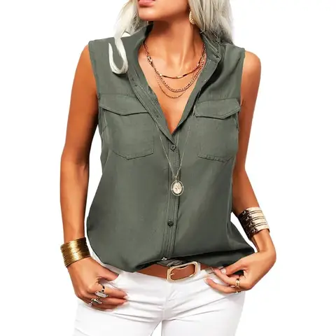 Women's Solid Lapel Sleeveless Tank Tops Summer Button Down Shirts Office Ladies Shirts (militarygreen, L)