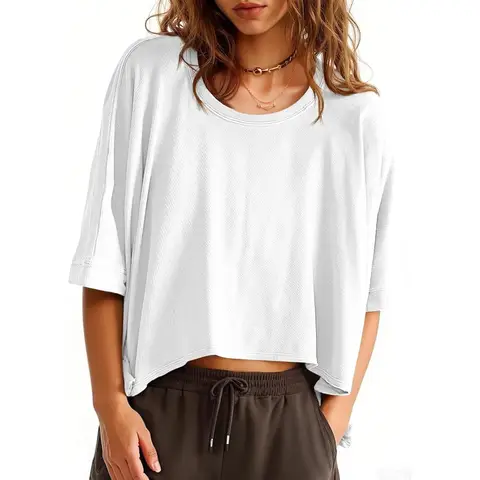 Women's Oversized T-Shirts Cropped Summer Casual Short Sleeve Loose fit Tee Tops (white， S)