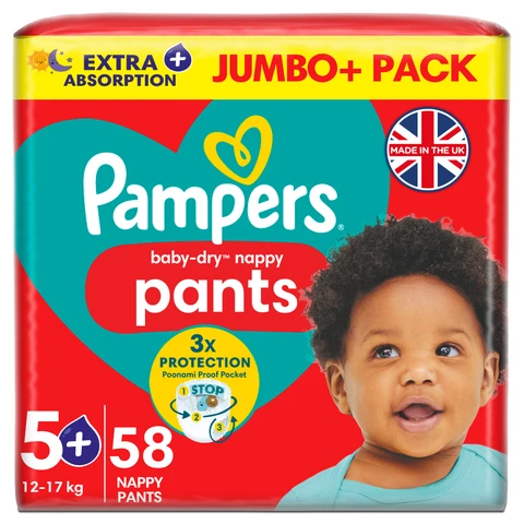 Pampers Baby-Dry Nappy Pants Size 5+ 58 Pack Jumbo+ Pack