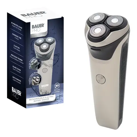 Bauer Rechargeable Wet & Dry Rotary Shaver,Triple Floating Heads, USB Rechargeable, Wet & Dry Use, Chrome