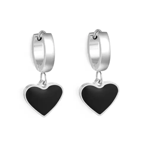 Silver Tone Stainless Steel Black Enamel Heart Charm Hoop Earrings, 12.6mm Dangle Huggies