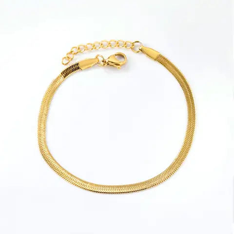 Flat Snake Bone Herringbone Chain Bracelet, 18K Gold Plated Stainless Steel, Retro Chic Wide Blade Jewelry for Women