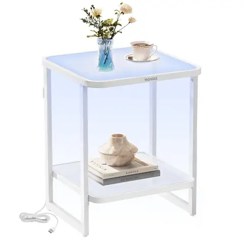 VASAGLE Side Table LED Lighting 1 Shelf Glass/White