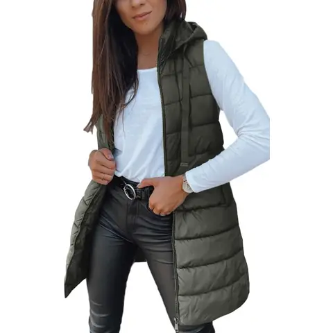 Women Long Vest Solid Color Sleeveless Hood Winter Puffer Vest Outwear (ArmyGreen, XL)