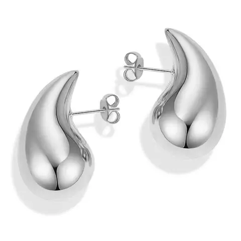 Silver Tone Teardrop Stud Earrings for Women - 25mm Large Rhodium Plated Chunky Waterdrop Design, Polished Metal Jewelry