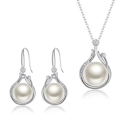 Ever Faith Cubic Zirconia and Freshwater Pearl Curved Pendant Necklace with Dangle Hook Earrings Set