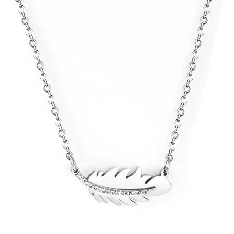 Silver Tone Leaf Pendant Necklace with White Crystals, 40+5cm Steel Color