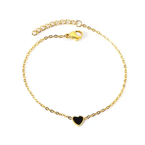 Black Heart Charm Bracelet, 18K PVD Gold Plated Stainless Steel, 17+3cm