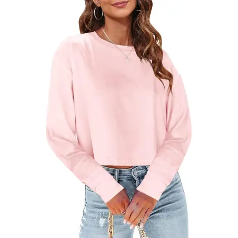 Woman Long Sleeve Cropped T Shirts Round Neck Casual Drop Shoulder Crop Tops Solid Sweater Tees (Pink, M)
