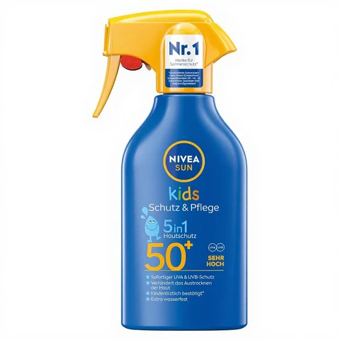 Nivea Sun Kinder Schutz & Pflege 5-in-1 Hautschutz SPF 50+ Sonnenspray (250 ml), Hoher Sonnenschutz mit Bio-Mandelöl, Extra wasserfestes Sonnencreme für empfindliche Haut